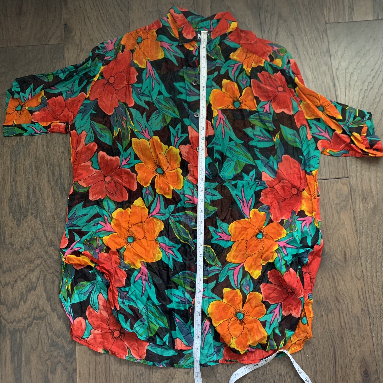 VTG 90s Bright Loud Floral Tropical Button Up Shirt Semi Sheer Blouse Womens S