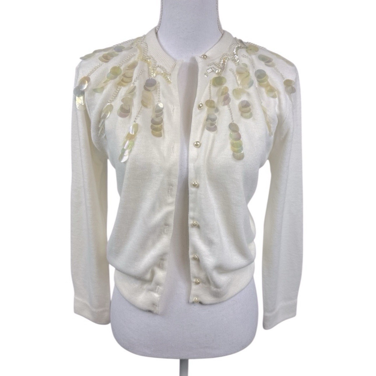 Vintage Park-Storyk Women’s Orlon Acrylic Faux Pearl Ivory Cardigan Size Small