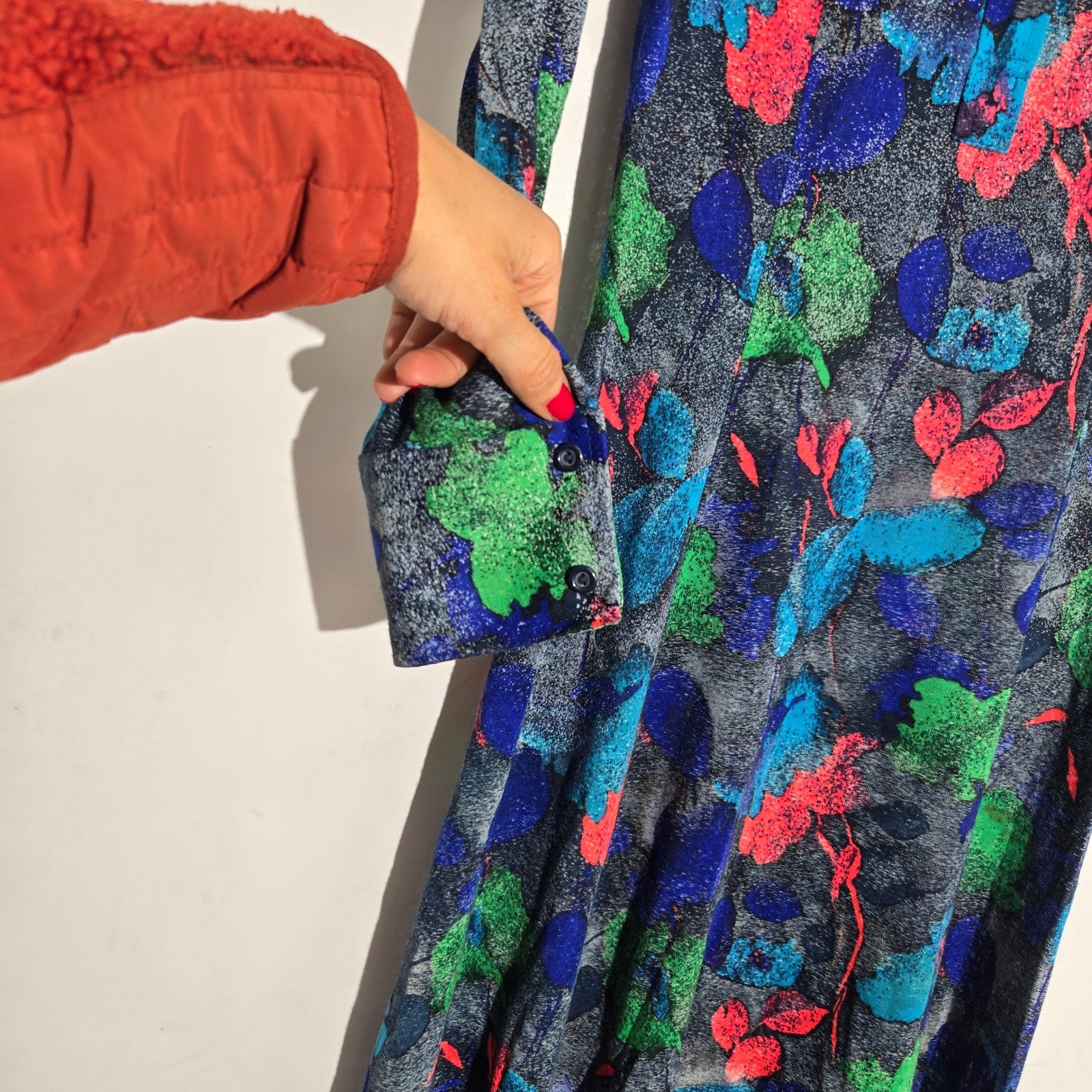 Vtg 70s Zerlina Italian Maxi Dress Blue Green Floral Abstract Long Sleeve