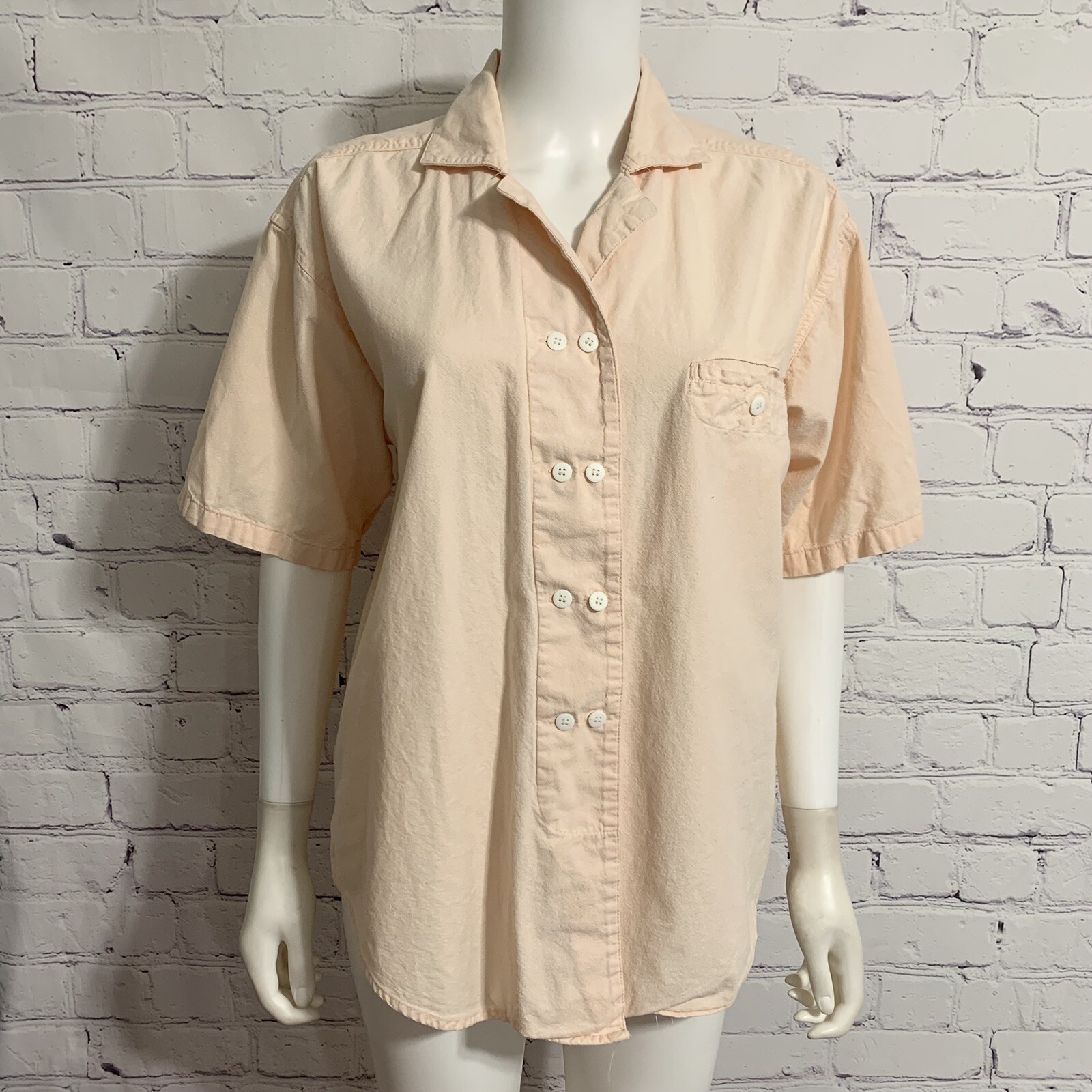 Vtg Bugle Boy Classics Women’s Double Button Collar Shirt M Coral Short Sleeve