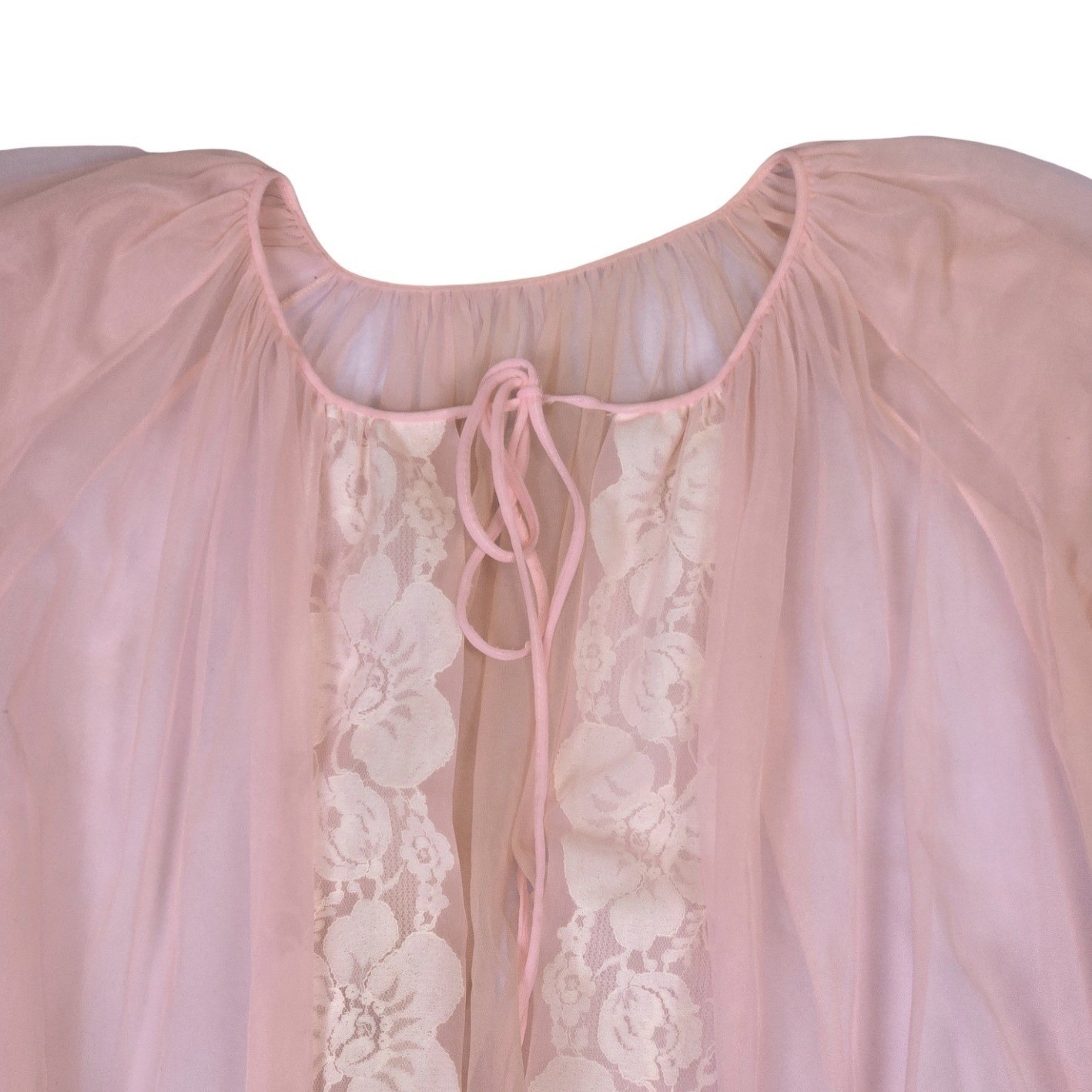 VTG 60s Pastel Pink Sheer Lace Trim Robe Puff Sleeve Chiffon Lingerie M Coquette