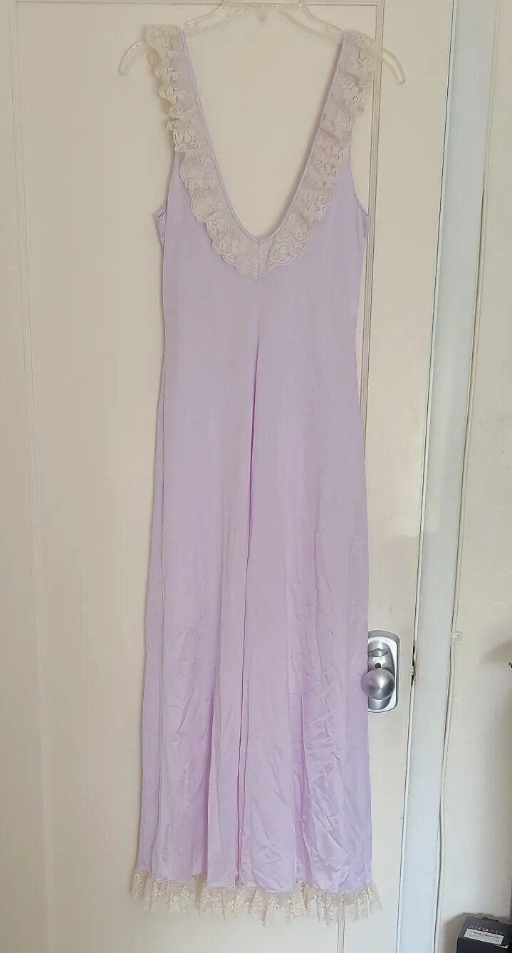 Vintage Jenelle Of California Sheer Nylon Nightgown Lace V Neck Tie Back