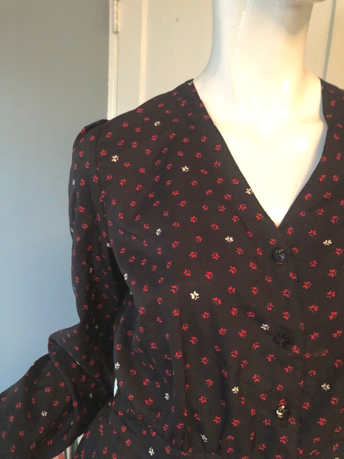 Dress 7 Vtg 70s 80s Poly WHIMSY BUTTERFLY Print PUFF SLEEVE Secretary DISCO S M