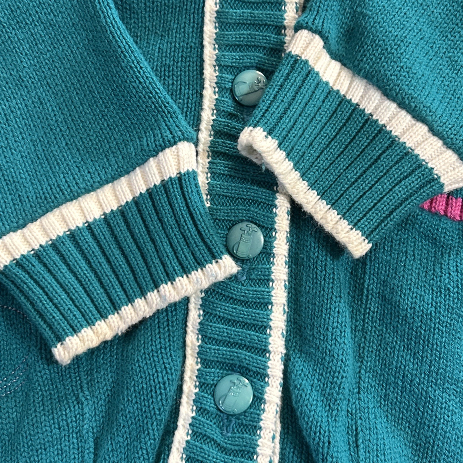 Pringle Scotland Sweater Sz M Teal Pure Cotton VNeck Embroidered Golf Vintage