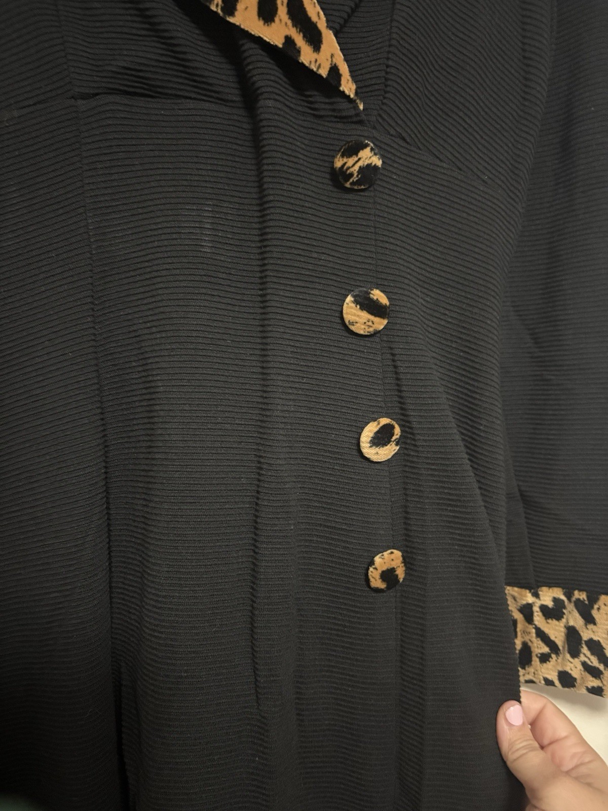 Vintage D.J. Summers Black Leopard Velvet Trim Midi Dress Size 12 Vguc