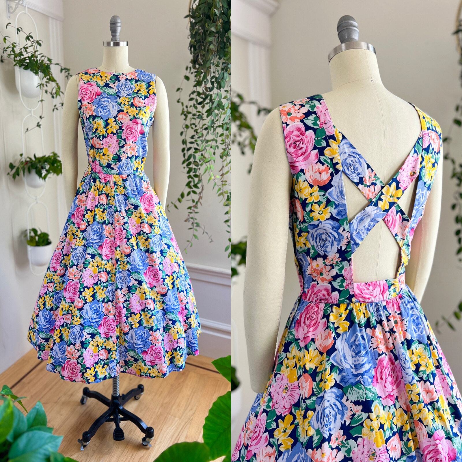 Vintage 1980s Sundress 80s Open Back Floral Print Cotton Fit Flare Midi Dress