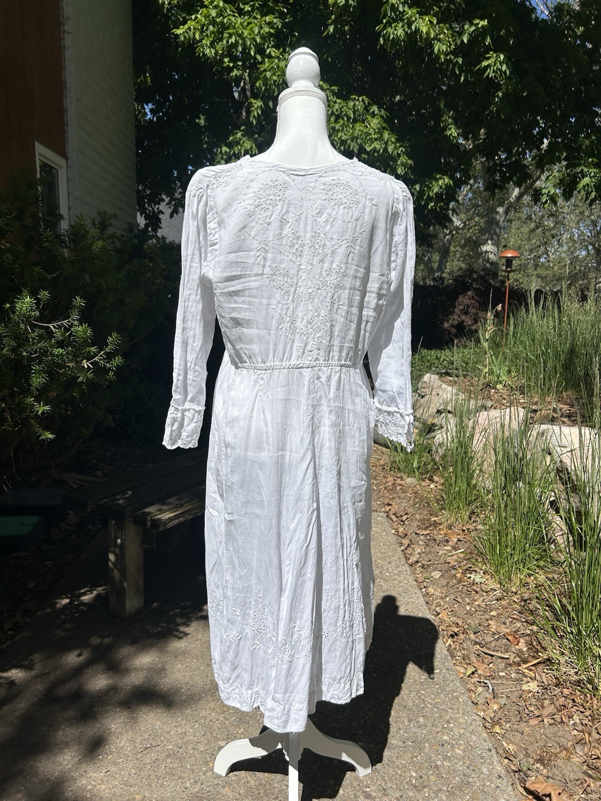 Edwardian White Cotton Voile Tea Dress Embroidered Long Sleeve Vintage Sz L