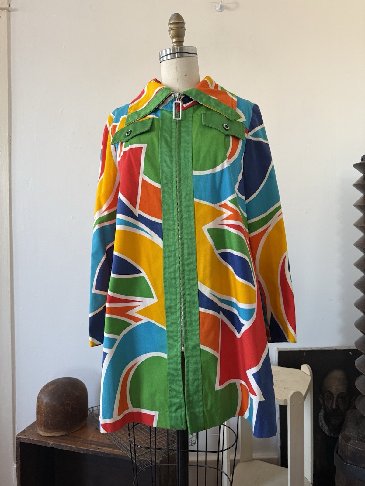 60s Mod Psychedelic Pop Art Print A-Line Swing Coat/ Statement Jacket/Mini Dress