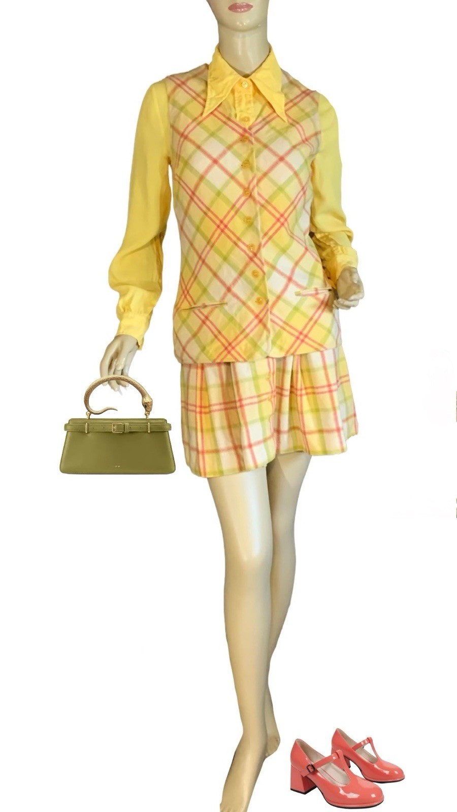 VINTAGE 1970’S BOBBIE BROOKS YELLOW PLAID WOOL BLEND 3 PIECE SKIRT SET SIZE XS