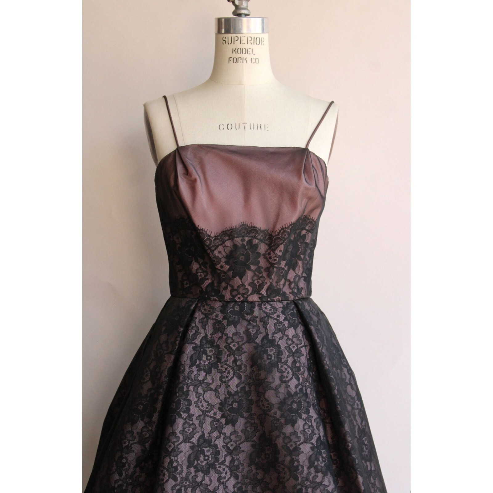Vintage 1950s Dress, I Magnin Black and Pink Lace Fit and Flare, Extra Small