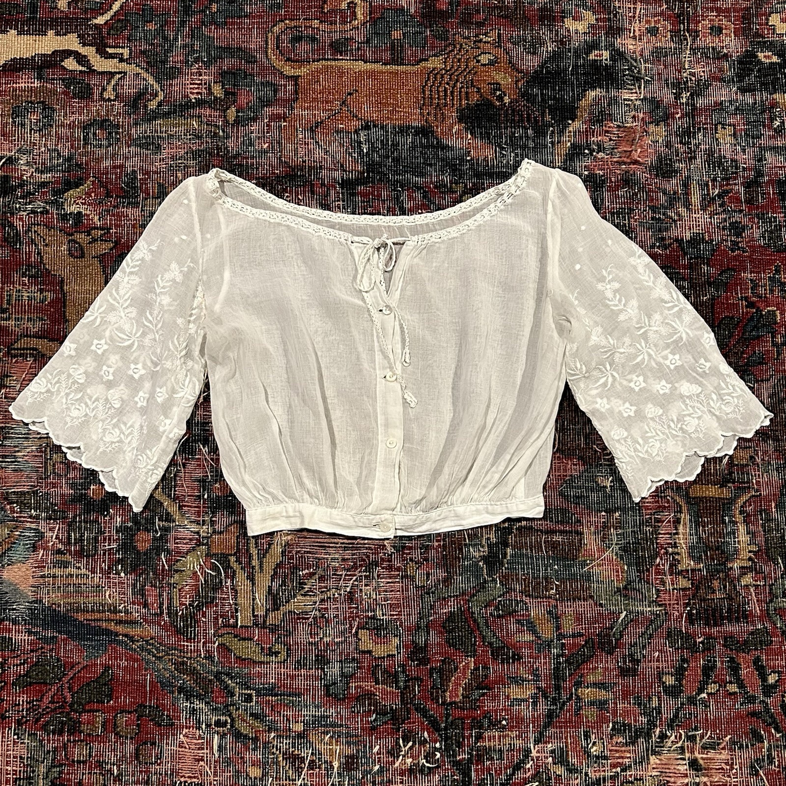 Antique Edwardian 1900s White Cotton Lawn Blouse Shirtwaist Embroidered Crochet