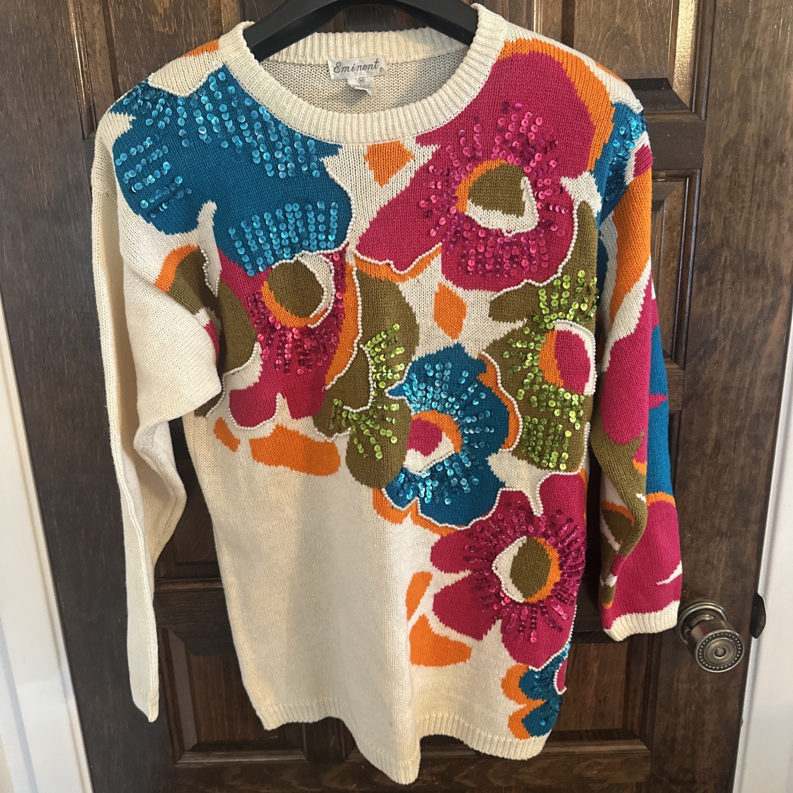 Eminent Vtg Womens Sweatshirt 80s Floral Sequenced Sz M Shoulder Pads