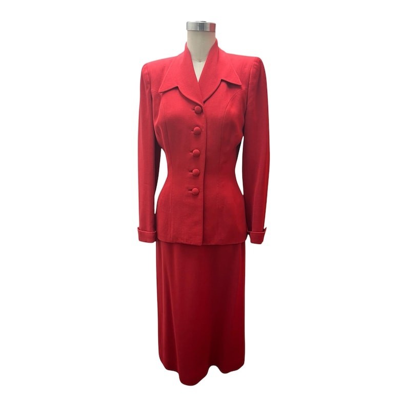 1940’s 1950’s Vintage Red Wool Gabardine Suit Lilli Ann Style Amazing Peplum
