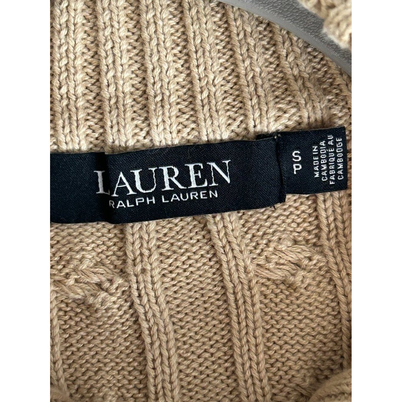 Lauren Ralph Lauren Cable Knit Full Zip Sweater Petite S Tan Camel Mock Neck