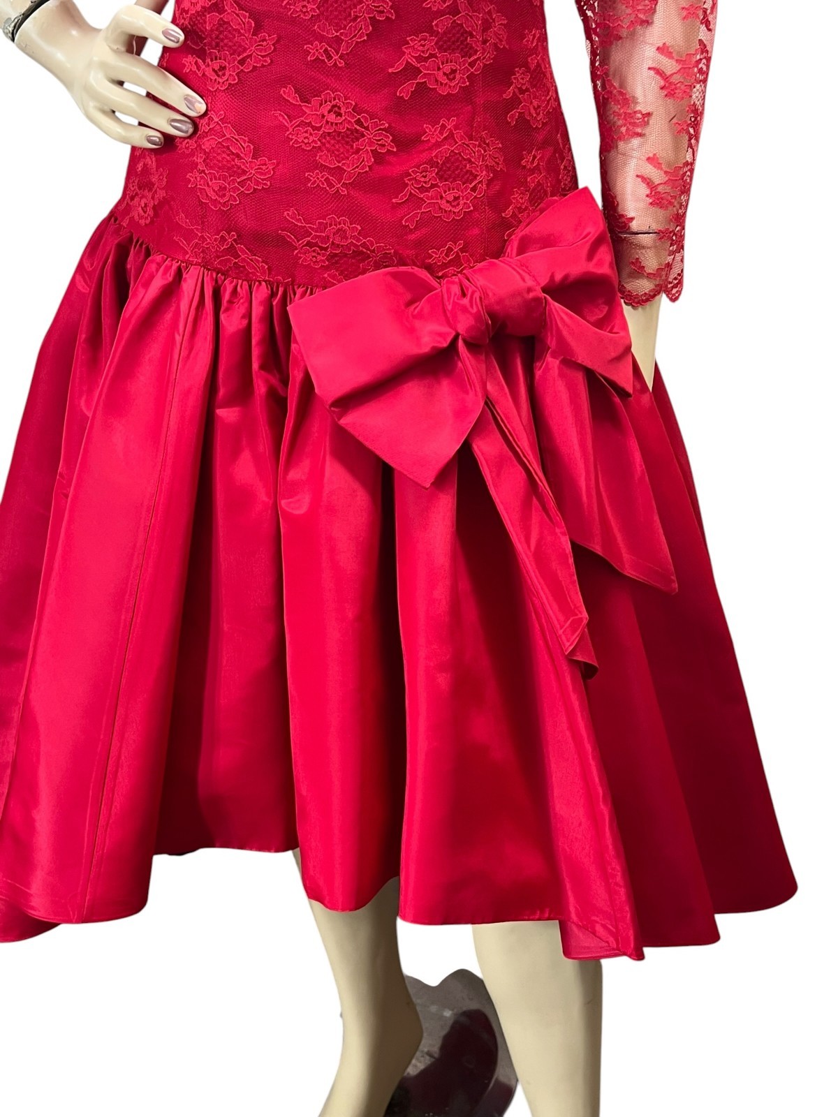 Vtg 80s Sz M~L Red Taffeta Satin Lace High Low Prom Dress