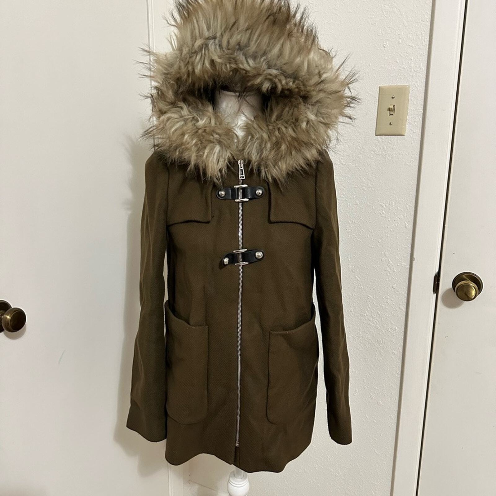 ZARA khaki army green faux fur trim hood duffle coat size XS