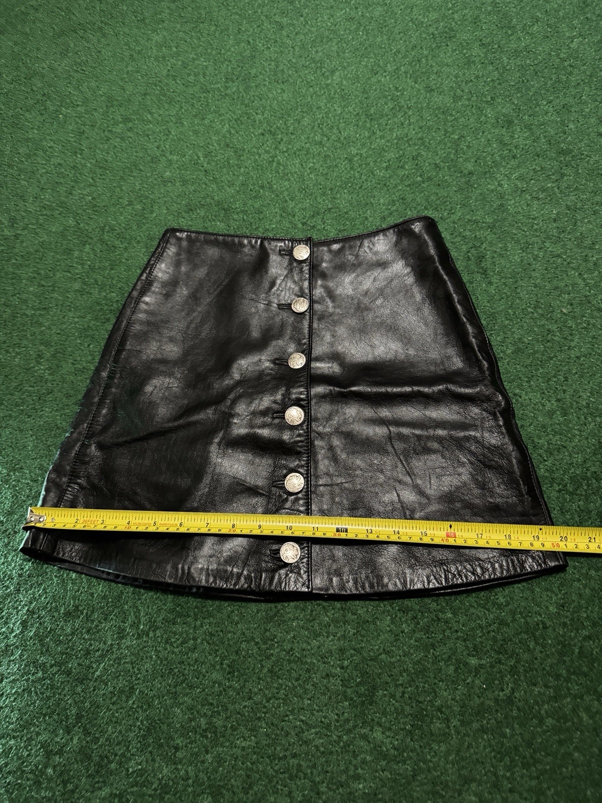 Vintage Black Leather Skirt Medium 26” Waist 90s Metal Buttons Grunge Biker