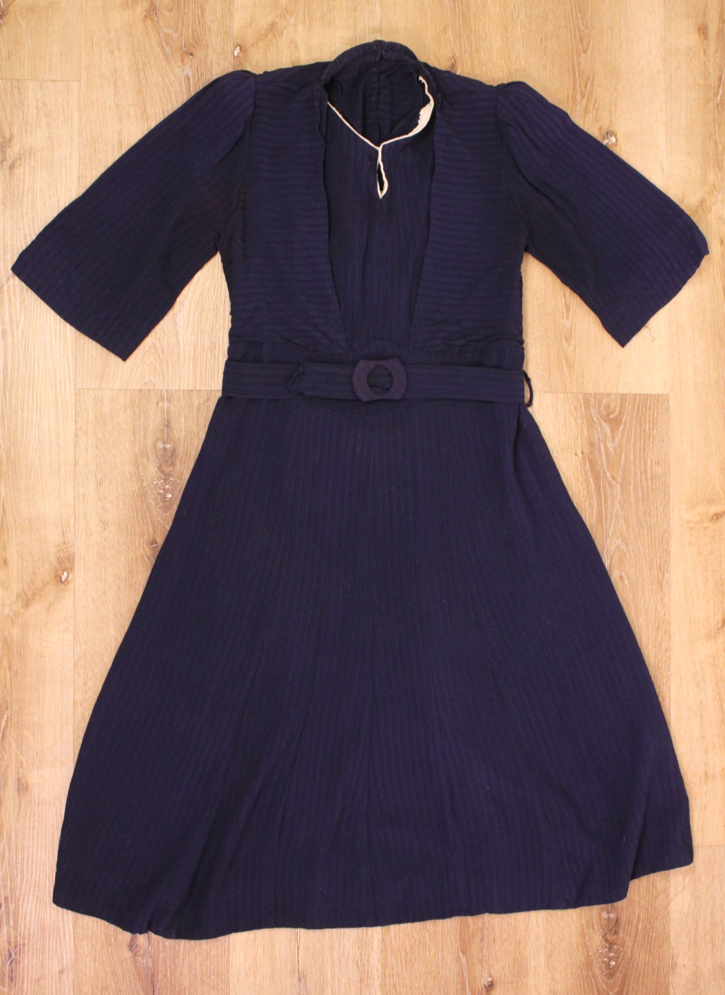 VTG Women’s 30s Navy Blue A Line Midi Dress W/ Belt Sz XS/S 1930s Rayon?