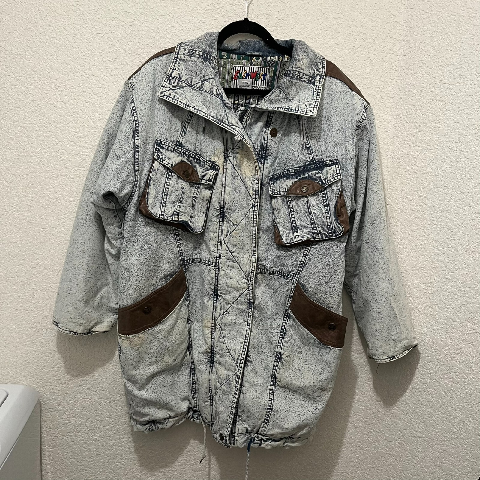 Vintage 80’s East West Acid Stone Wash Denim Coat Blue Jean Jacket Womens Sz XL