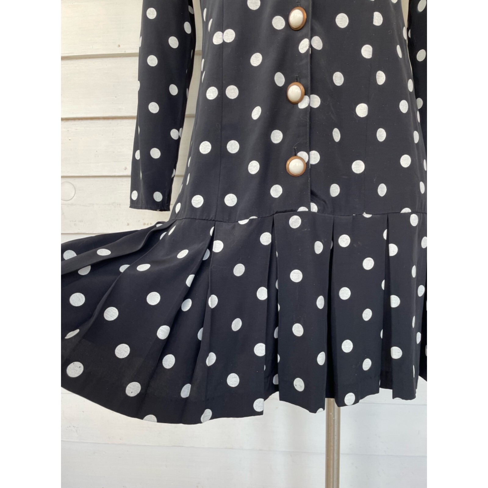 Vintage 1980s Black White Polka Dot Pleated Dress