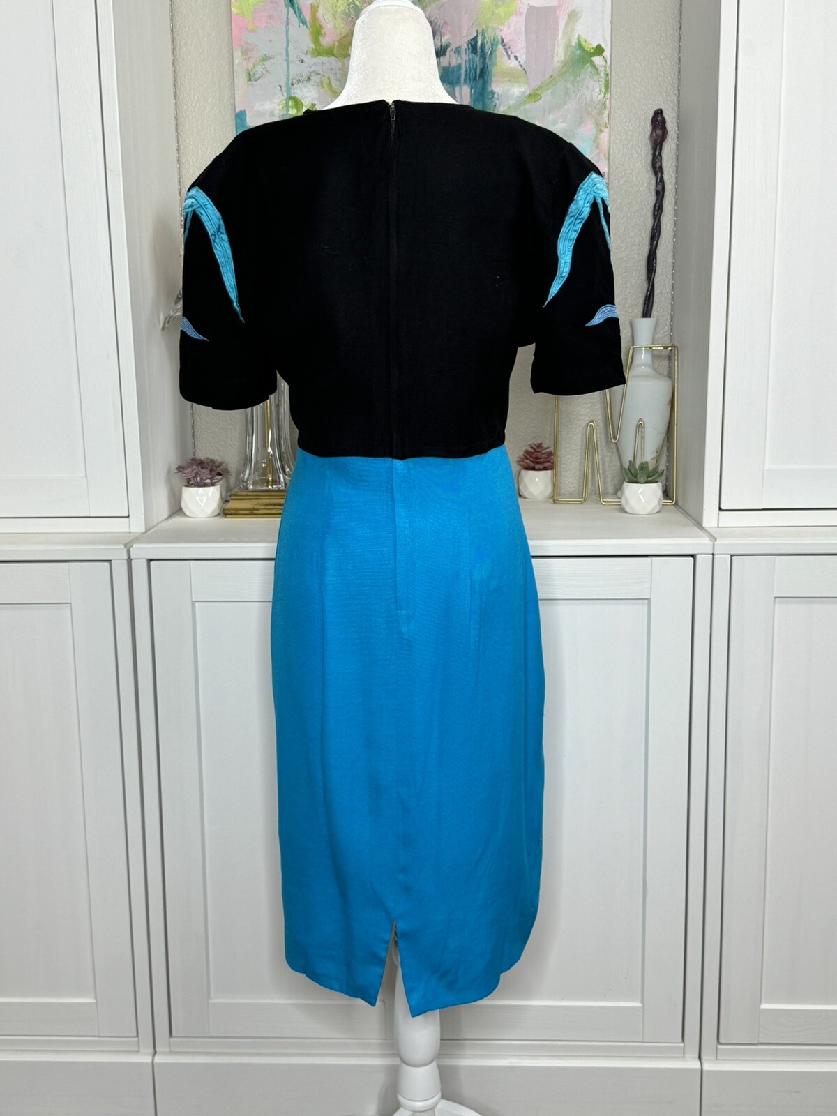 Pia Rucci 1980s Appliqué Wiggle Dress One Piece Illusion Teal Black Size Medium