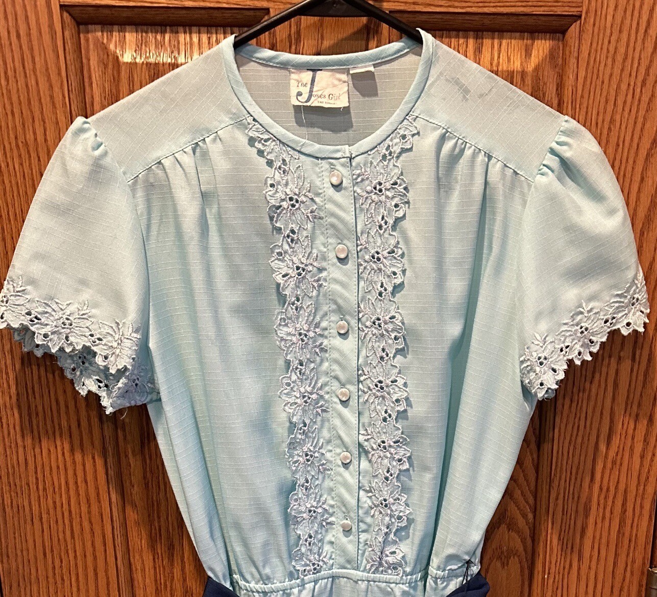 Vintage Shirt Dress Size 10 The Jones Girl Blue Flower Lace Embroidered Small