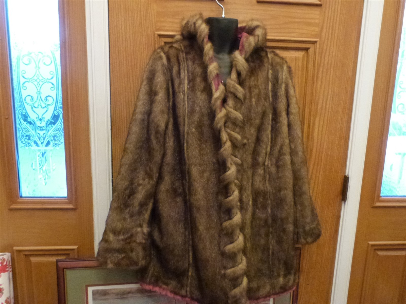 Dennis Basso suede coat vintage 1990s faux fur red Burgundy Maroon wine hood W L