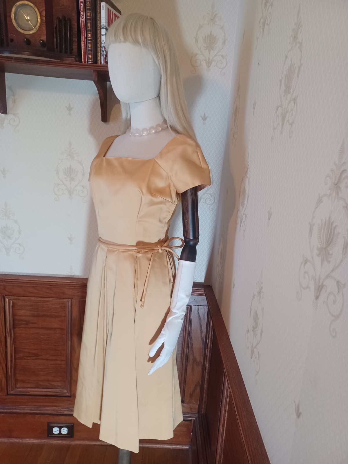 Vintage/Mid-century gold satin cocktail dress, handmade in the 50s or early 60s