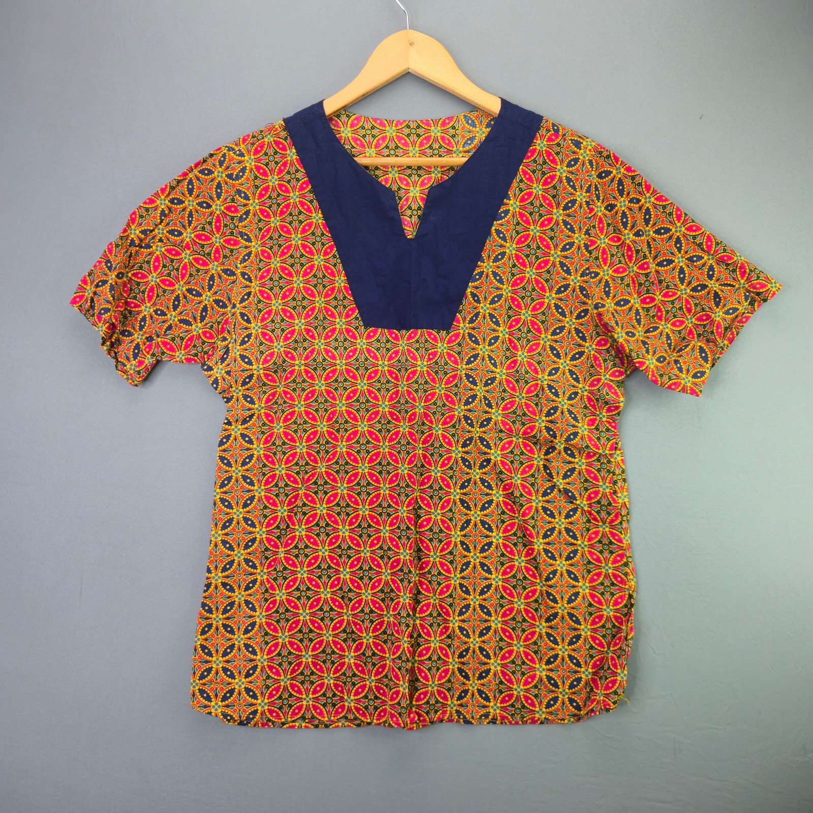 Handmade Vintage Batik Print Top Tunic M Pink Blue V-Neck Short Sleeve 2134