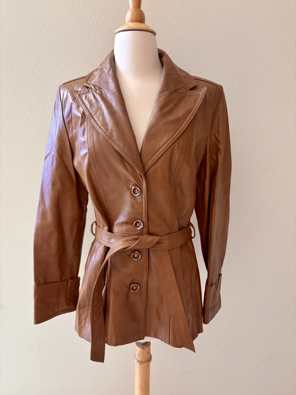 Vintage 70s Leather Belted Caramel Brown Jacket Women’s Size S/M