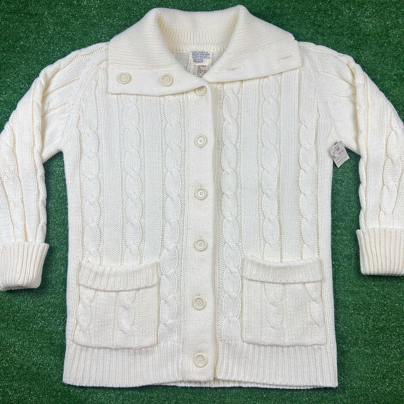 Vintage Sears Ivory Cable-Knit Chunky Fisherman Cardigan Sweater High Neck Sz 42