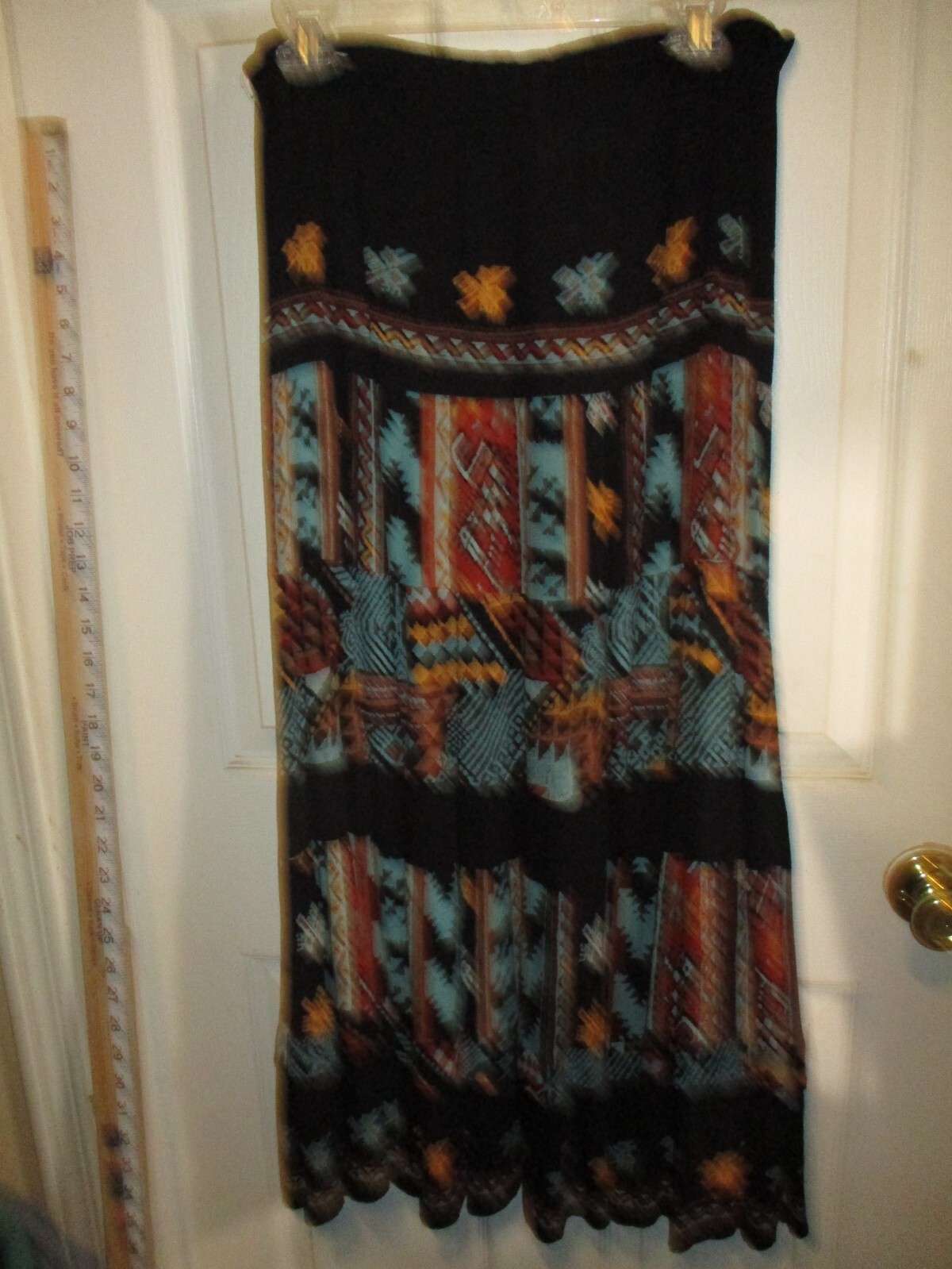 Vintg Carole Little St Tropez West Rayon Gauze Maxi Black Turquoise SW Print M-L