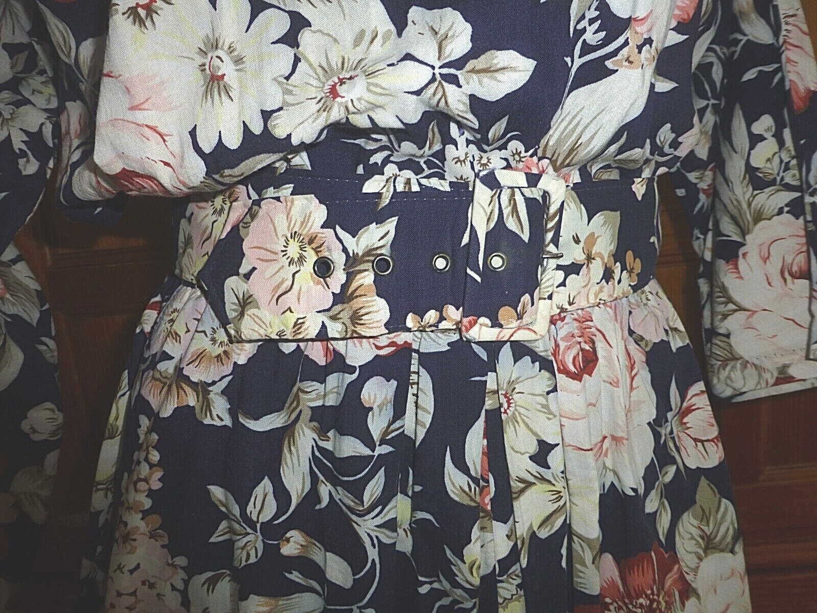 VTG 80s Floral Garden Print Cotton Boho Country Batwing Slv Midi belted DRESS M