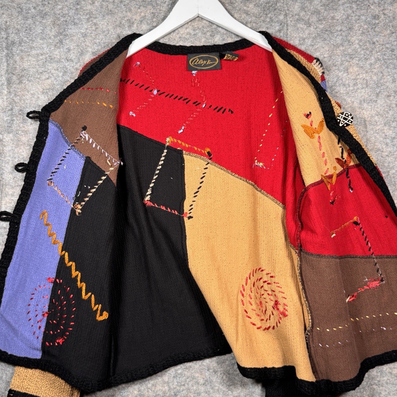 Vintage Alex Kim Knit Embroidered Cardigan Sweater Womens Size M 20×25 Patchwork
