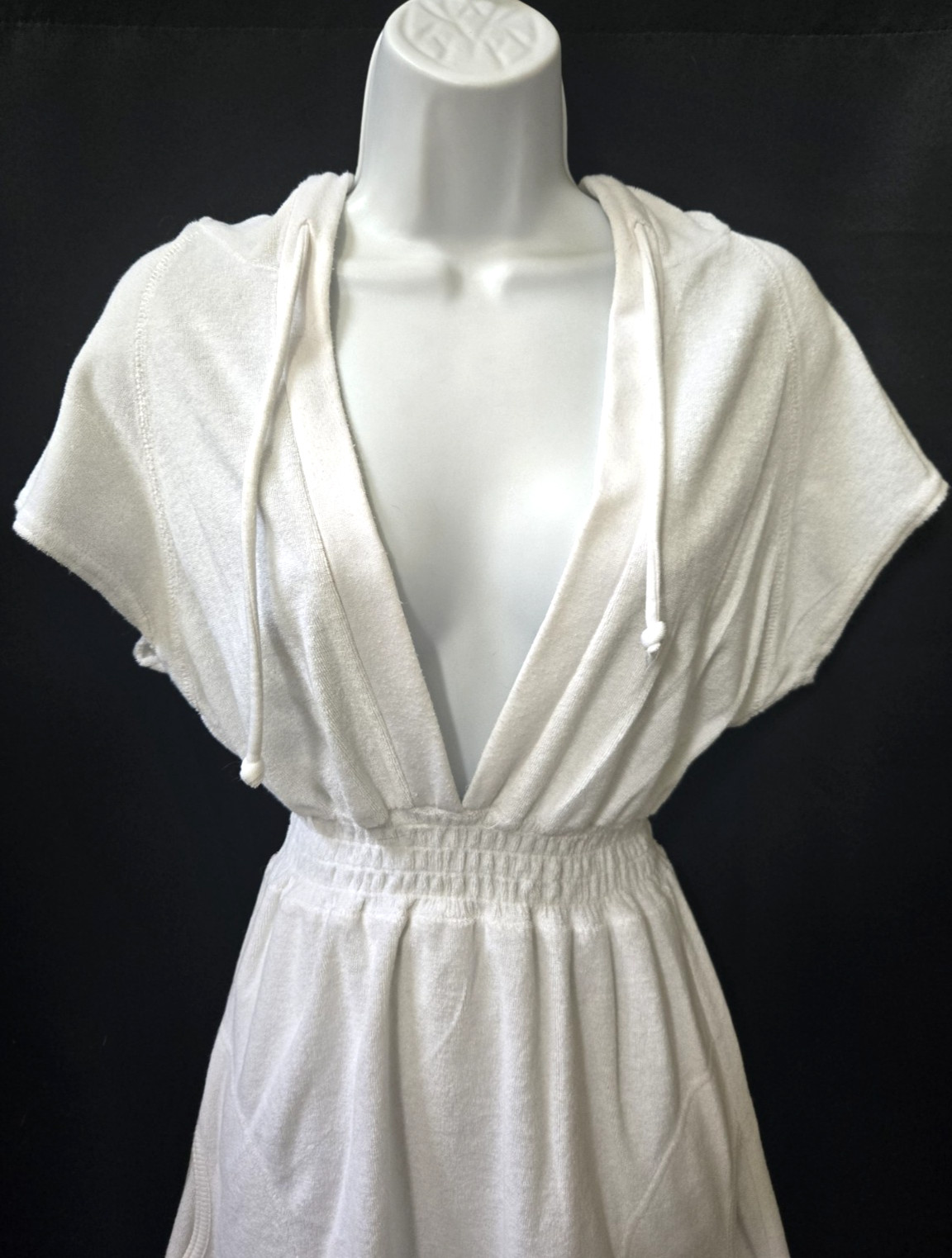 Sporty Sexy Cute Vtg 90s HANA SPORT Deep V-Neck Terrycloth Hoodie Mini Dress L