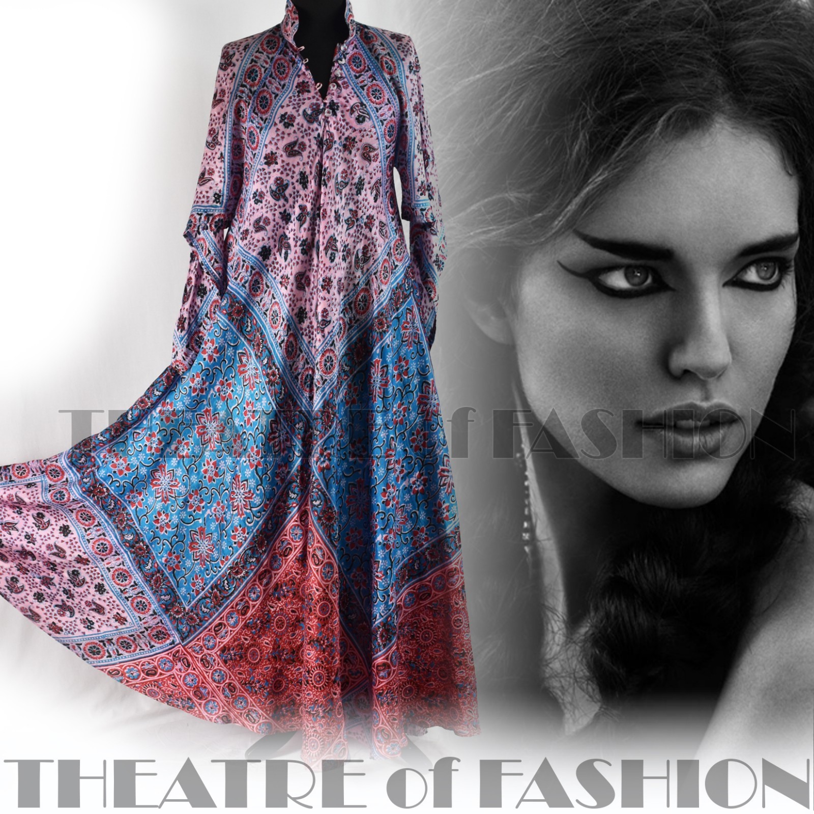 DRESS INDIAN SILK VINTAGE KAFTAN 70s WEDDING BOHO HIPPY-LUXE GODDESS M L XL XXL