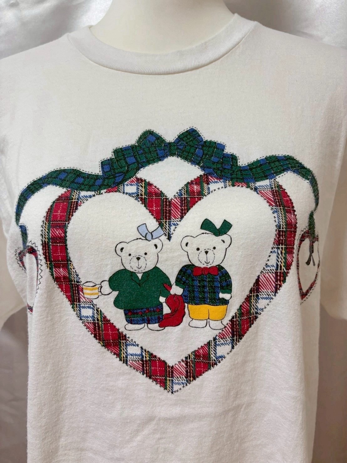 Vintage 1990s Teddy Bear Graphic T shirt Plaid Heart Made in USA SizeM Kawaii