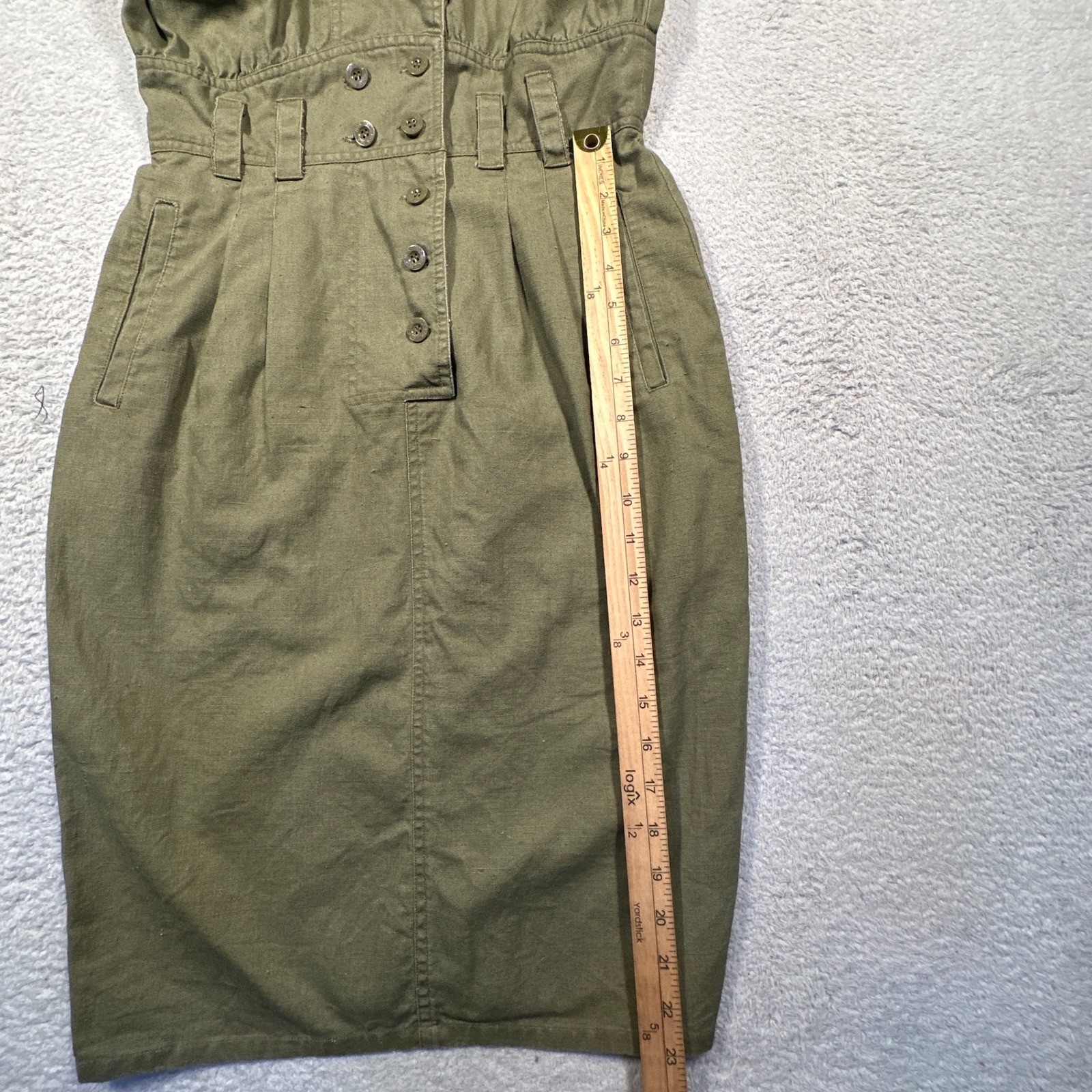 Vintage Nok Nok Dress Womens M Army Green Military Inspired Ramie Cotton Midi