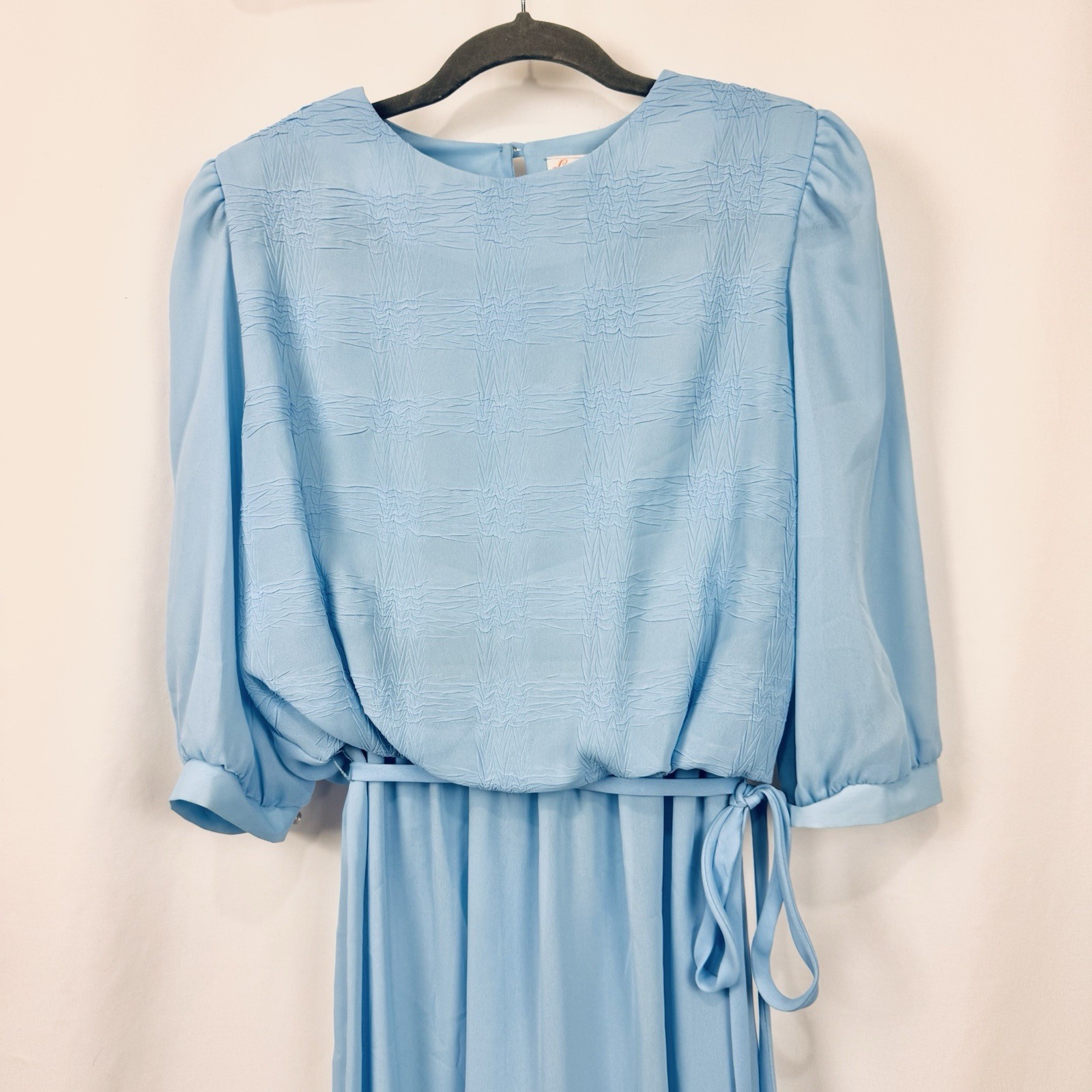 Vintage 70s Lady Carol 12 Blue Lightweight Sheer Blouson Midi Dress 3/4 Sleeve