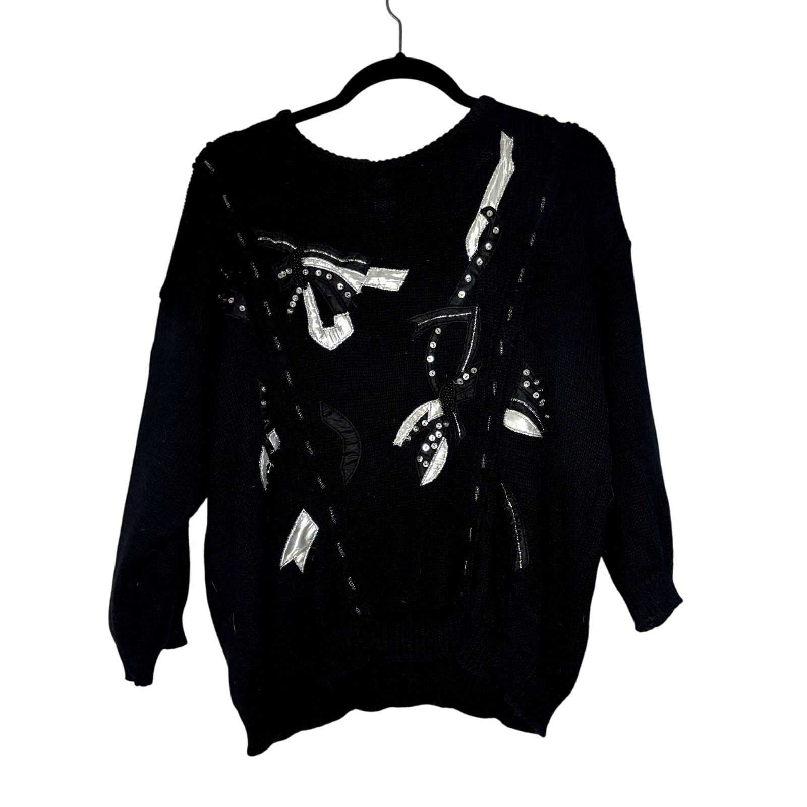 Vintage 1980s Shenanigans Black Sweater Appliqué Embroidery Beaded Mod Large