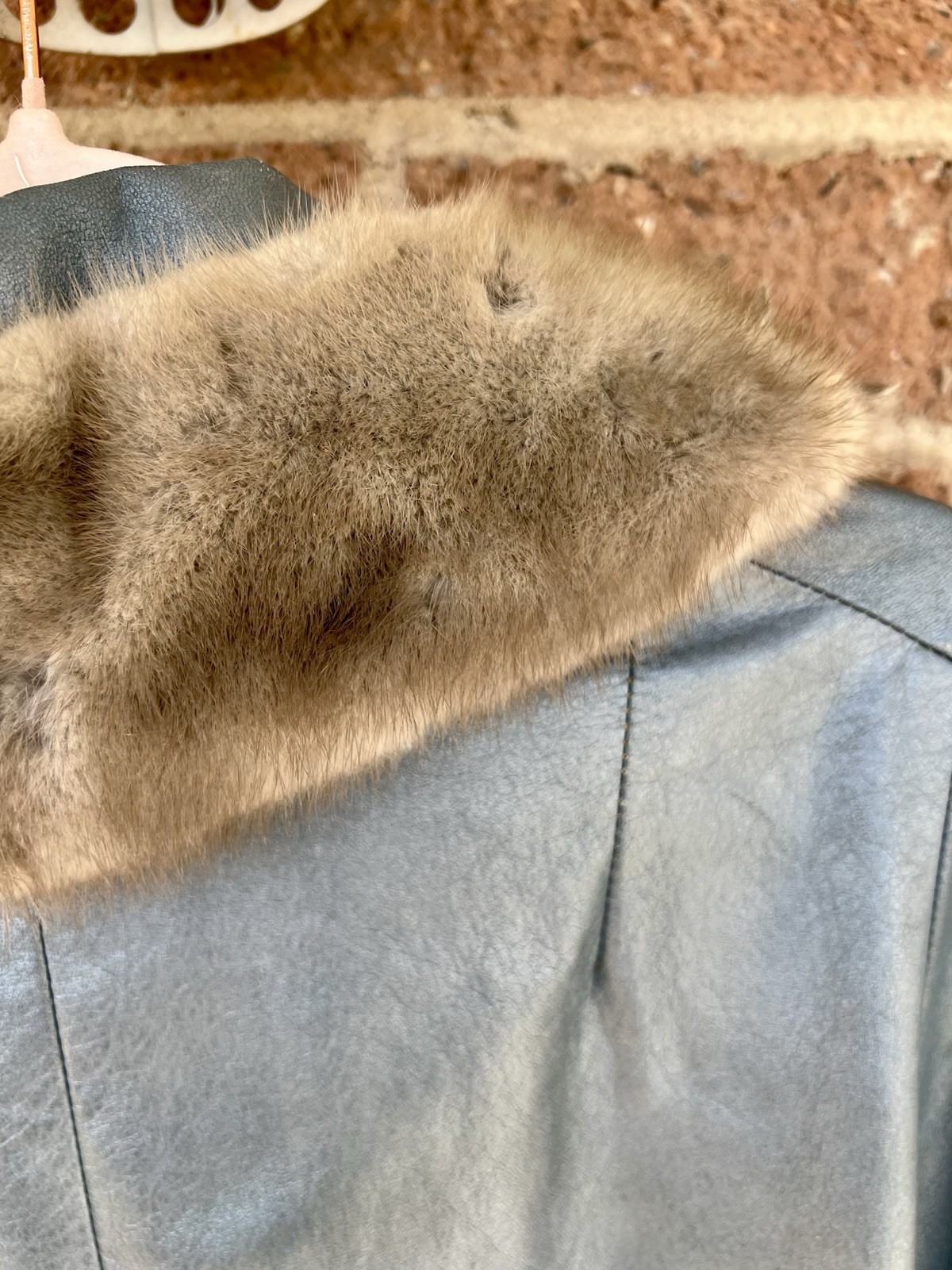 Vintage Shiny Blue Leather Coat w/ Fur Collar – No Lining or Brand, Still Sweet