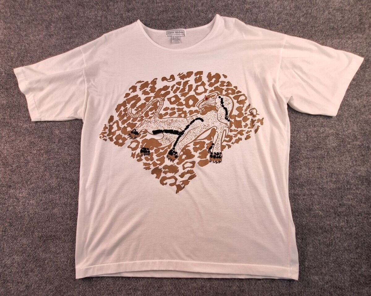 Vintage White T-Shirt One Size Sequined Beaded Cat Print Short Sleeve