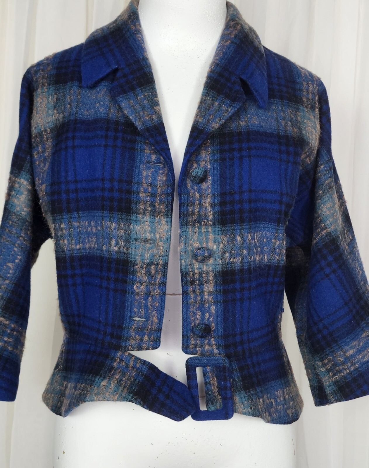 Vintage 40s 50s Earle Picard blue wool tartan plaid jacket skirt suit set S