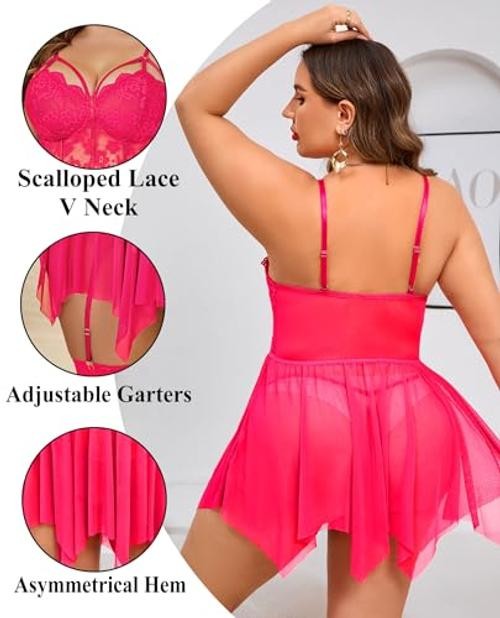 Plus Size Lingerie Mesh Lace Lingerie Top Babydoll Lingerie Large Rose Red