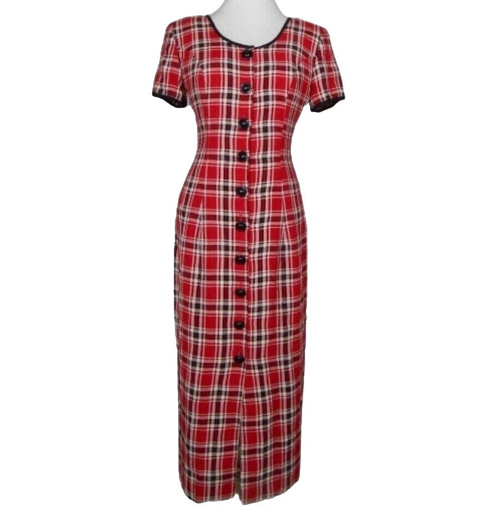 Misty Lane Vintage Red Plaid Midi Dress Size 8 Union Made USA Ralph Lauren Xmas