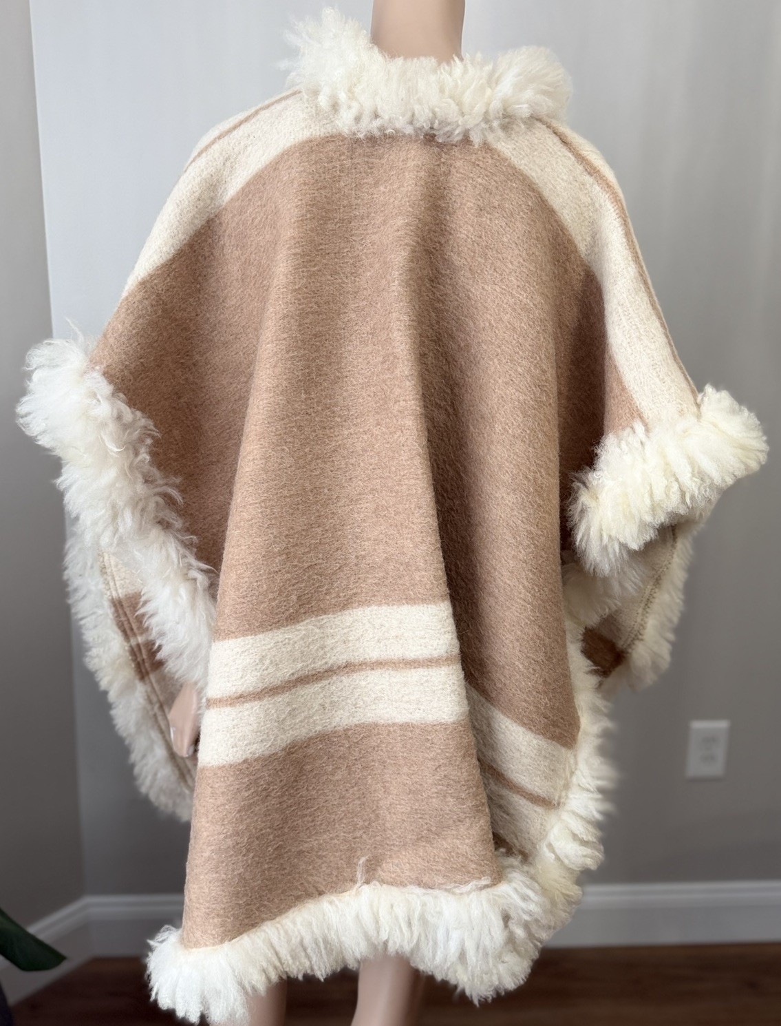Vintage Boho Shearling Alpaca Trim Wool Cape Poncho Striped Wrap OS