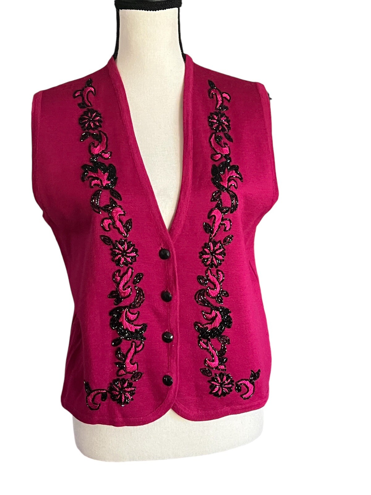 Vintage KORET Dark Red With Black Beaded Button Up Vest Sz. P