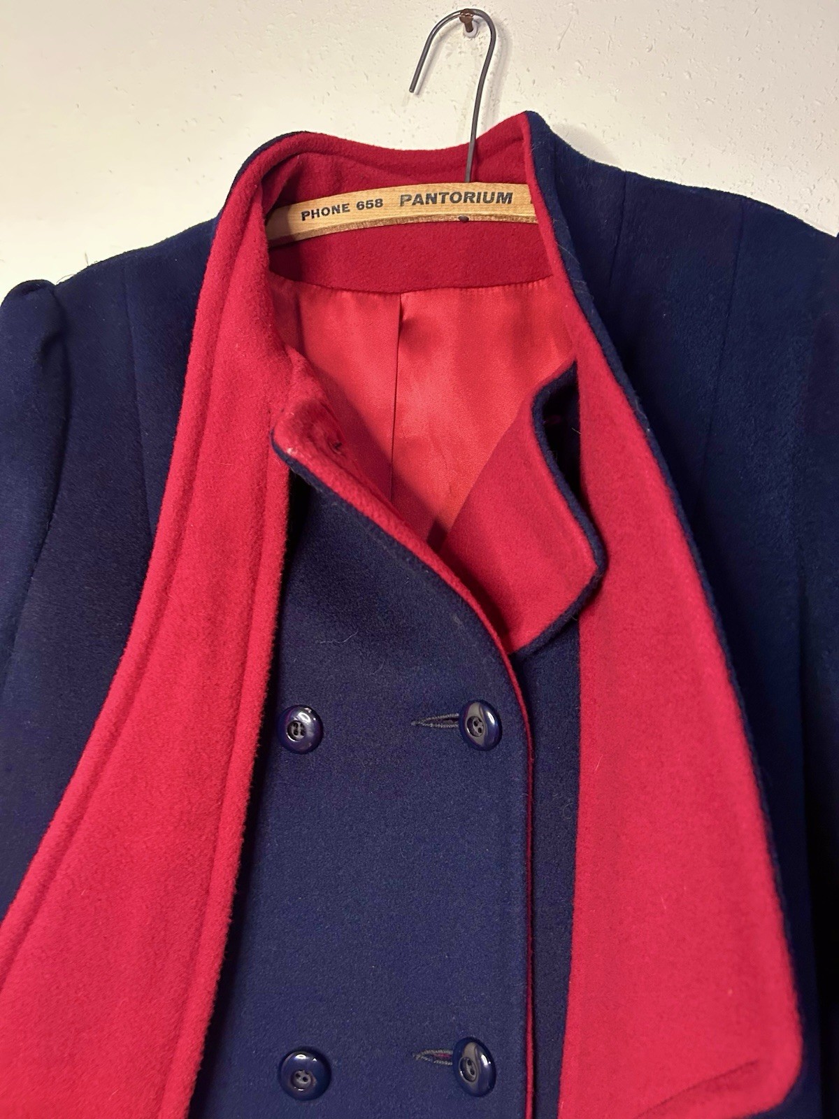 Vintage 1940s Central Park Forstmann Fabrics Wool Navy Dark Red Coat Tie Neck