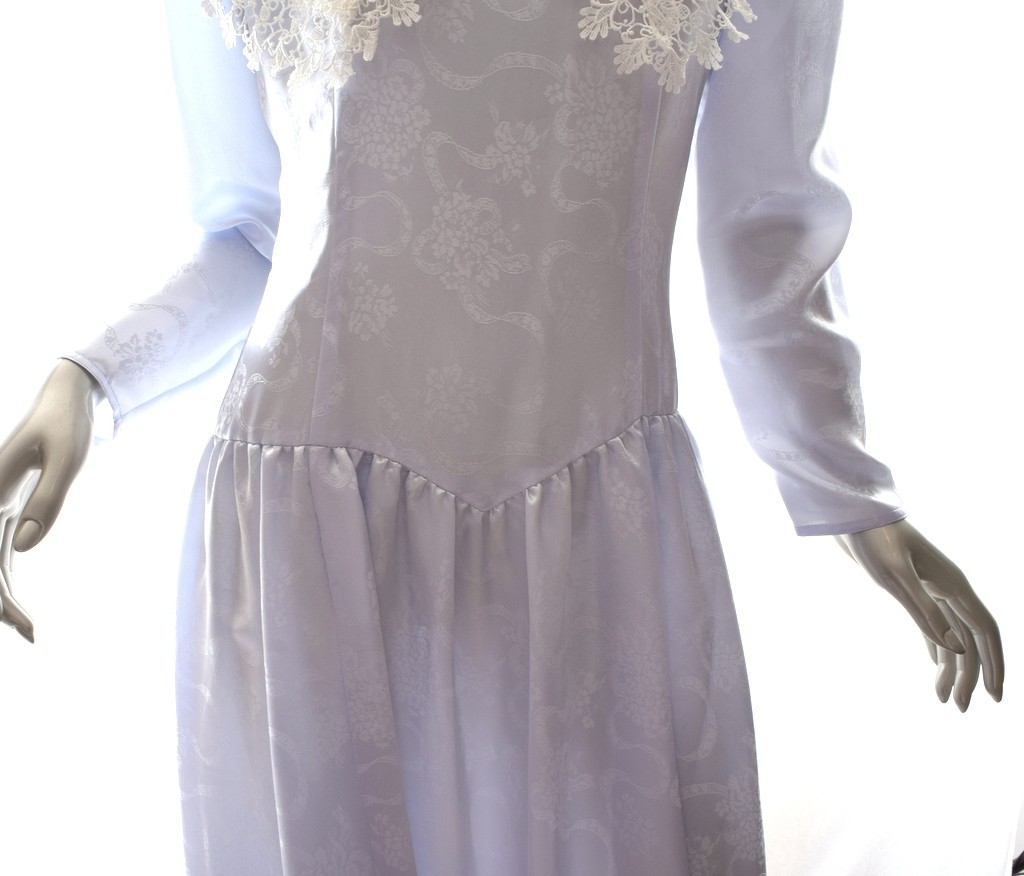 Vintage Jessica McClintock Midi dropped waist Pale Blue dress high Lace Neck 8