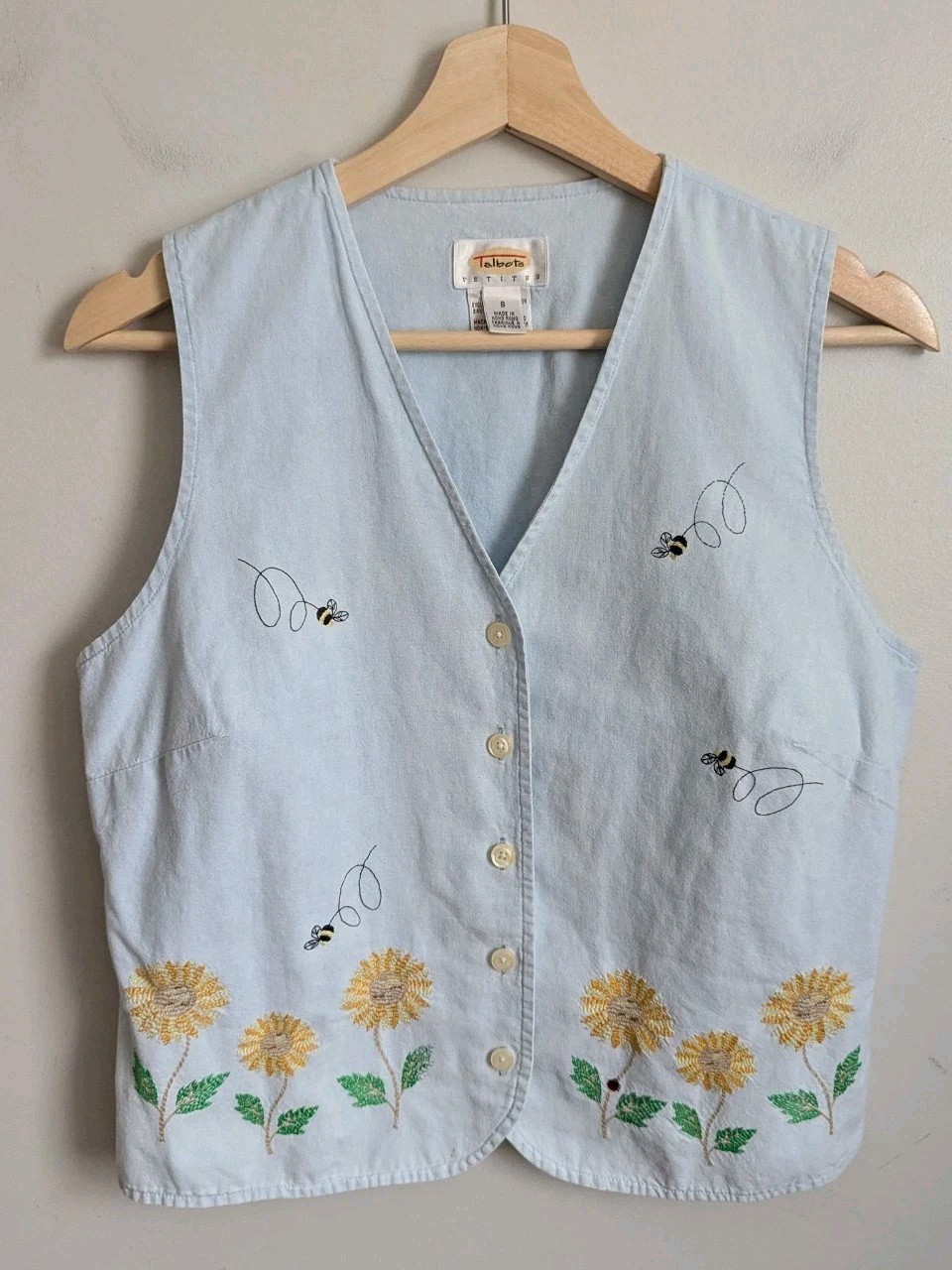 Vintage Talbots PS Sleeveless Cotton Top Vest Cotton Embroidered Bees Sunflowers